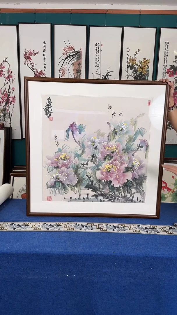 国画牡丹实木装裱83*83
