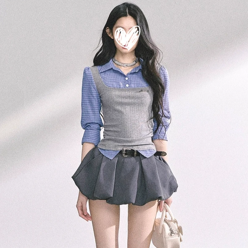 【两件套】学院风假两件修身POLO领衬衫上衣+短款花苞裤西装半身裙