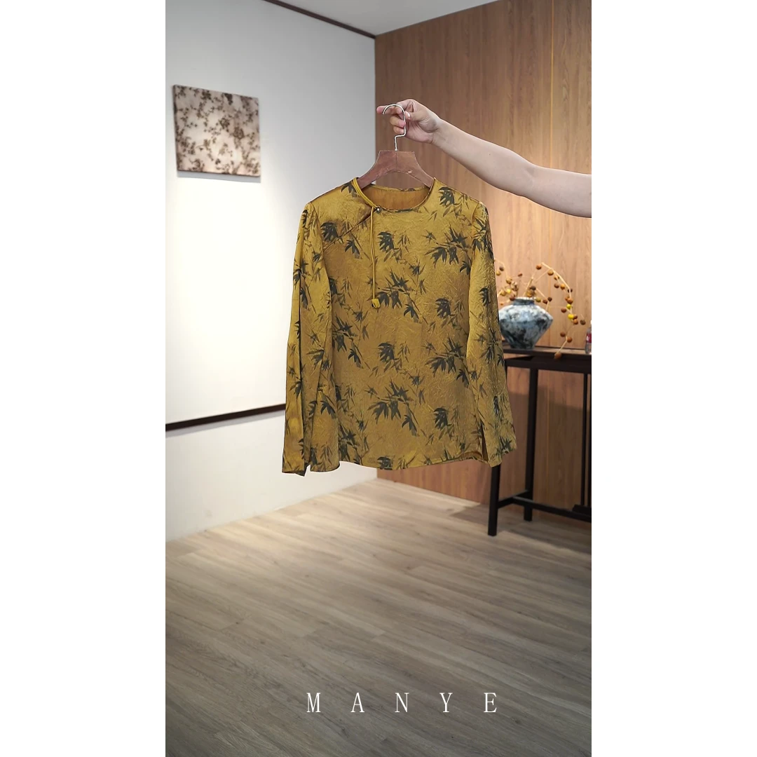 QBD长袖圆领春夏竹叶印花打底上衣时尚斜襟新中式气质立领4264