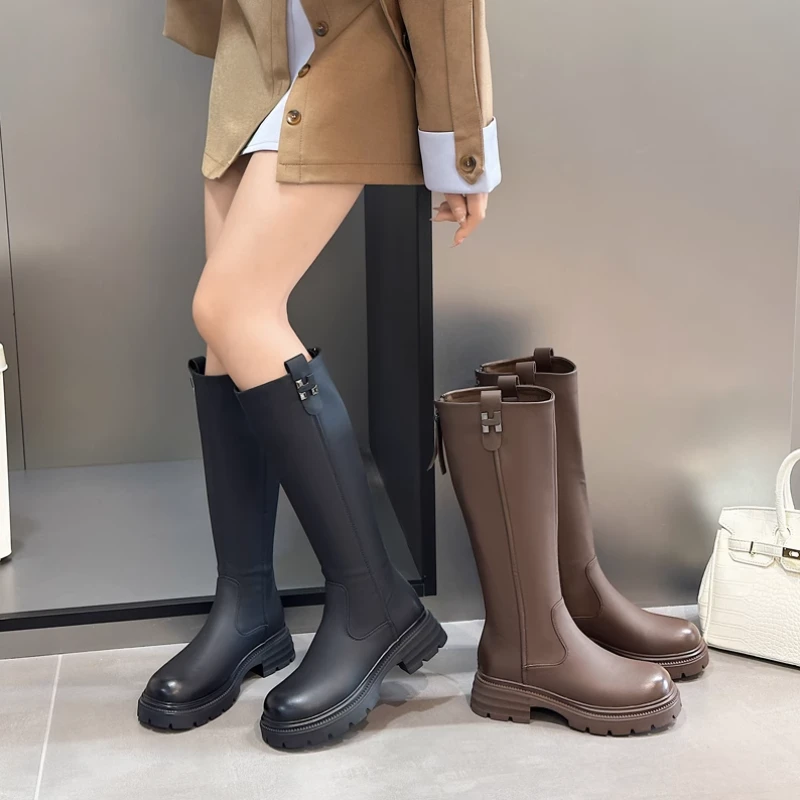 网红爆款秋冬新款粗跟后拉链显脚小瘦瘦长靴95-7760(不加绒)