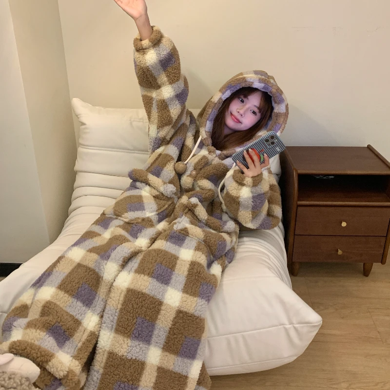 【连帽格纹】珊瑚绒睡袍女秋冬季加厚毛绒保暖睡衣长裤家居服套装