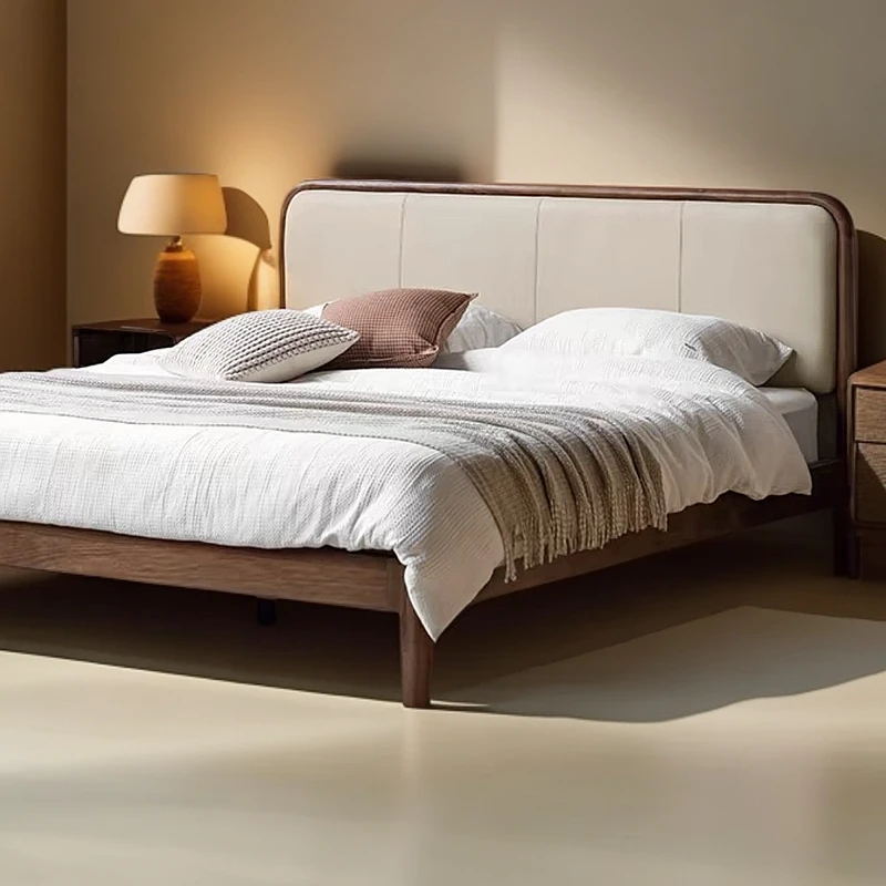 黑胡桃木莫奈真皮床樱桃木北欧现代实木软靠床主卧大床松弛感轻奢