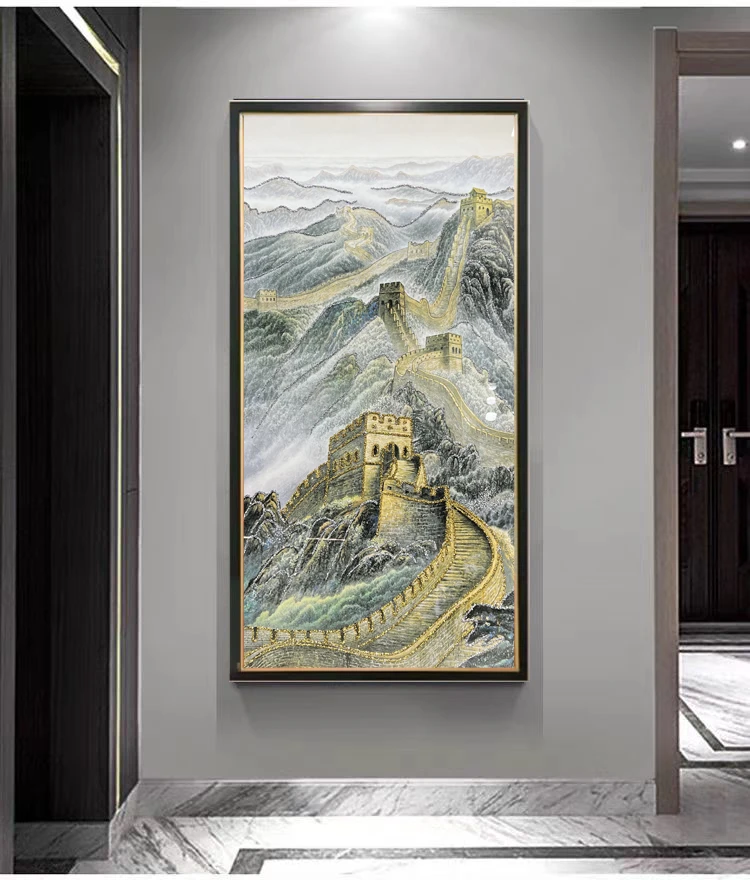 Q84万里长城竖版玄关山水客厅轻奢沙发挂画钢化玻璃装裱刺绣画