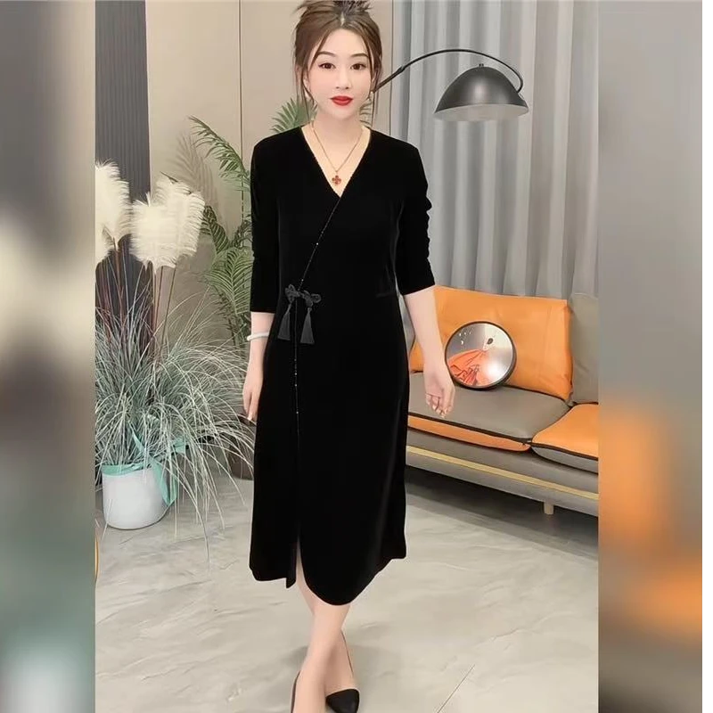 639 V领气质优雅中长款连衣裙复古新款