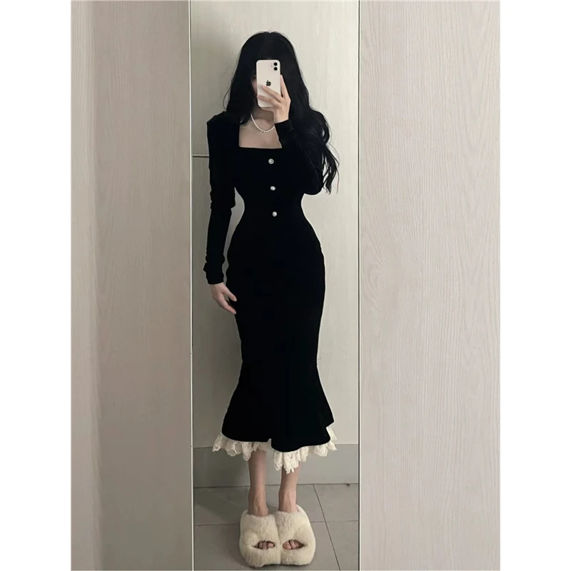 赫本风法式黑色丝绒方领鱼尾连衣裙女早秋新款复古修身包臀长裙子