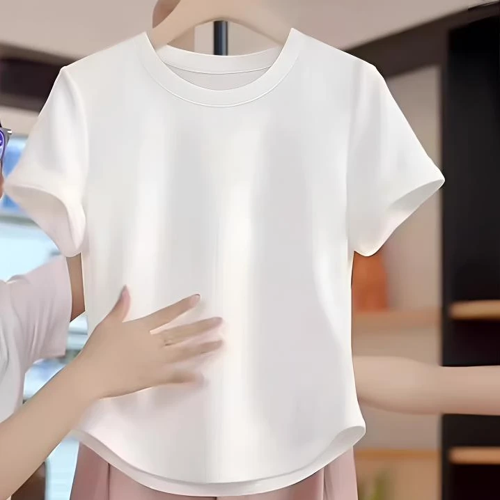 欧货白色夏季弧形2025新款短袖t恤女修身减龄短款洋气棉质上衣ins