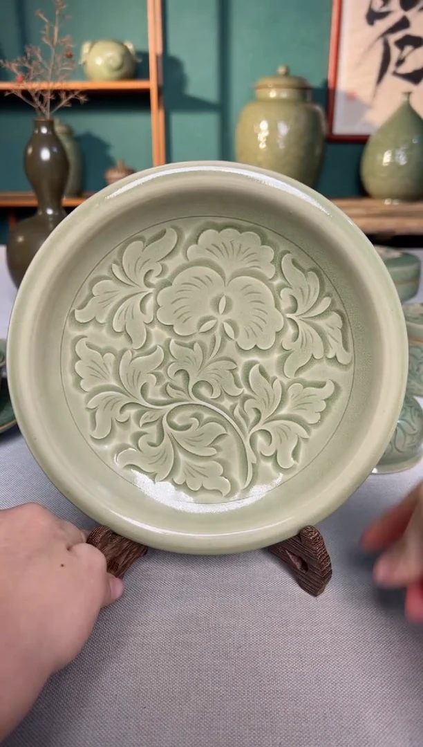 【闪购商品】其他耀州窑纯手工内外双刻牡丹壶承赏盘微瑕福利