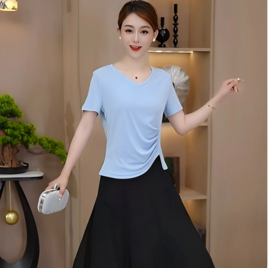 2025新款爆款女短袖T恤显瘦气质修身时尚夏季不规则上衣遮肚子V领