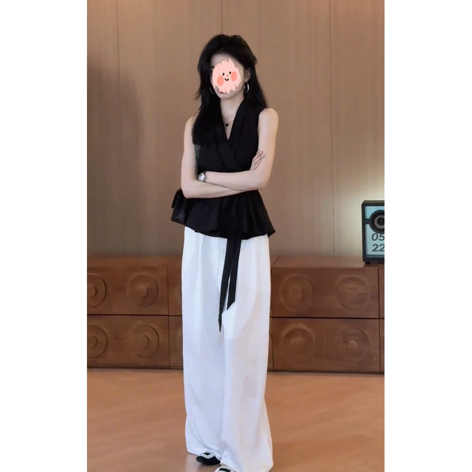 夏季韩系小众收腰修身v领绑带无袖衬衫上衣+白色高腰阔腿裤两件套