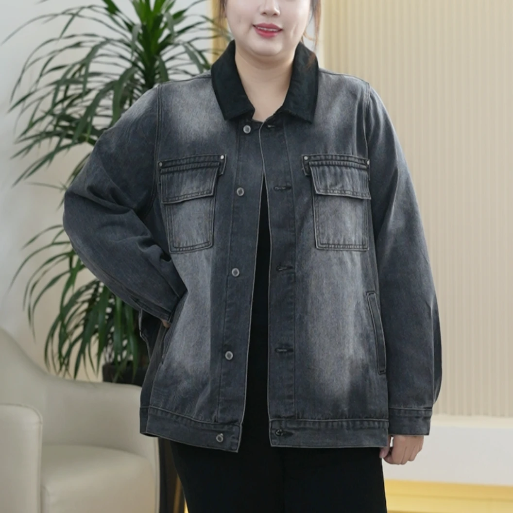 津巴布韦棉牛仔外套巴恩风灯芯绒门襟翻领大码水洗撞色秋季夹克女