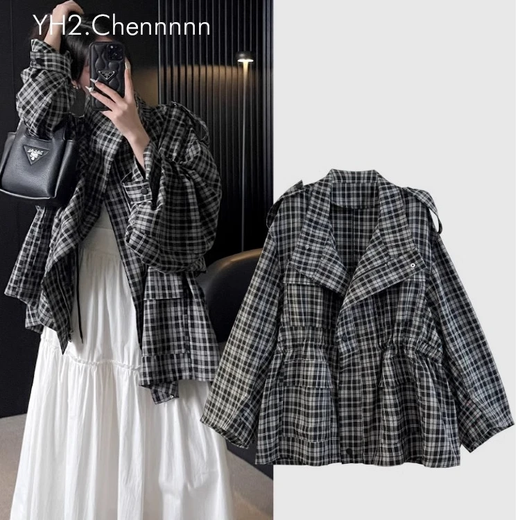 慵懒随性薄款短款宽松收腰格子衬衫外套女宽松百搭2025早春夏秋