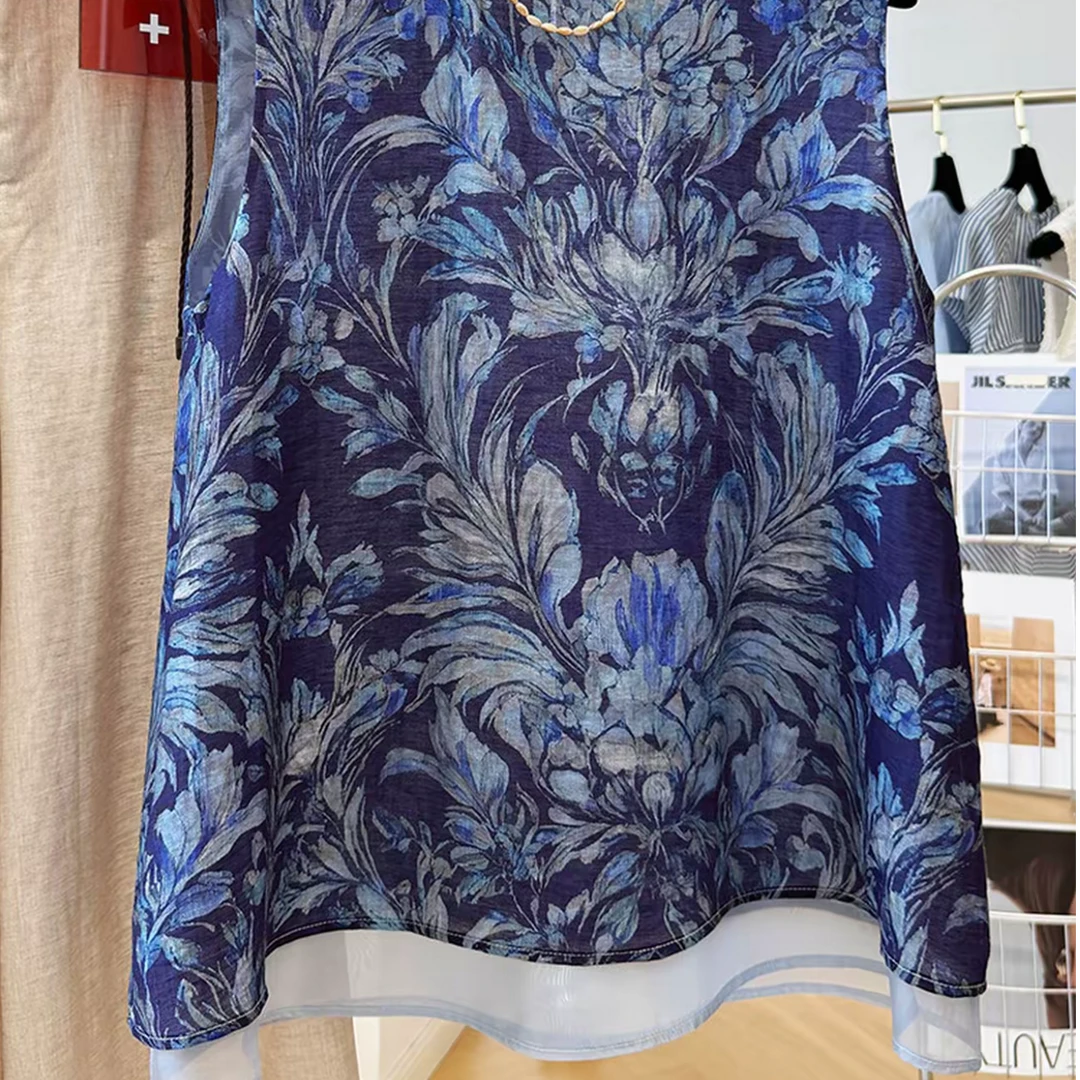 高品质天丝+亚麻新中式藏青提花复古高级感百搭宽松背心女士时尚