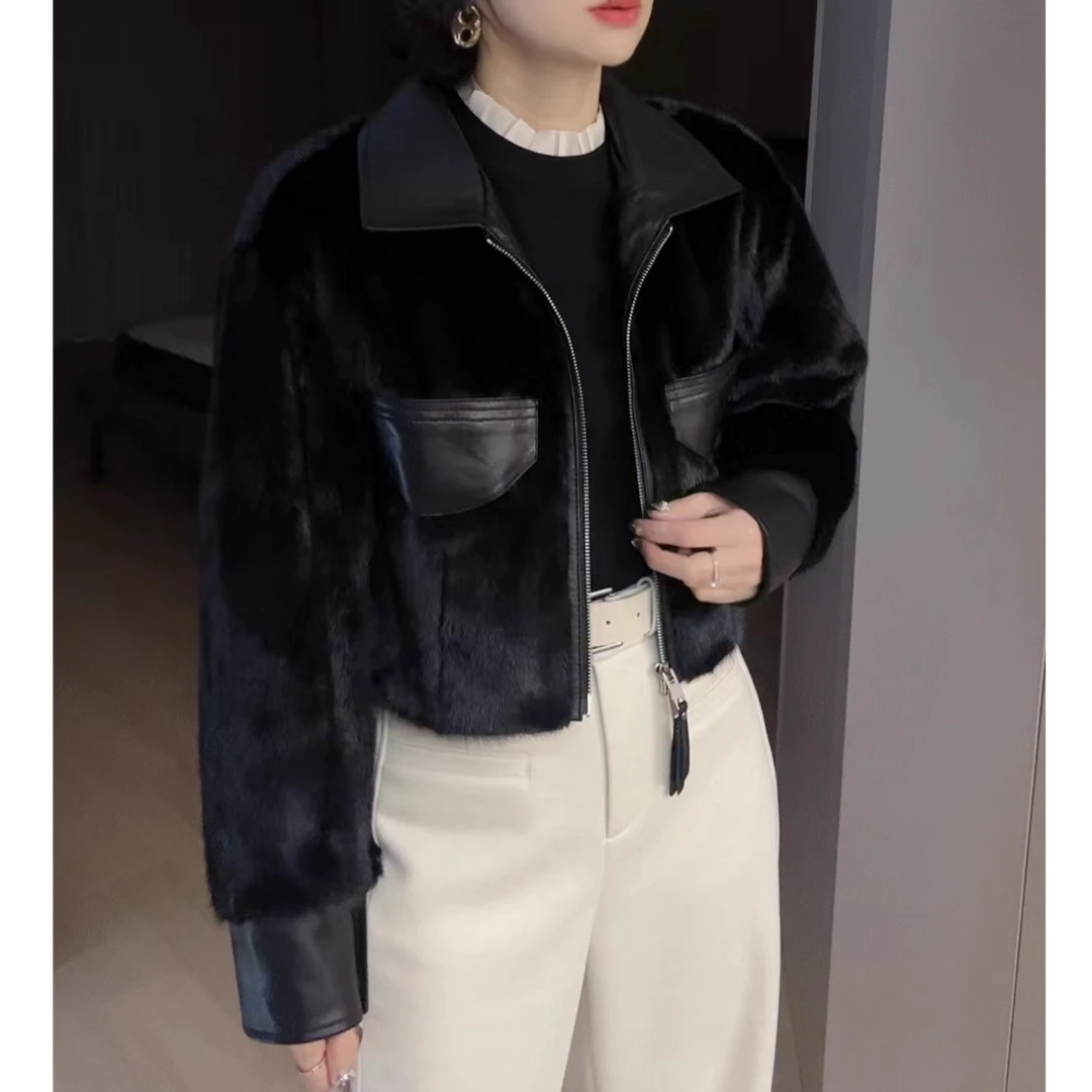 ZM24年冬季新款水貂毛拼绵羊皮翻领外套（86156）