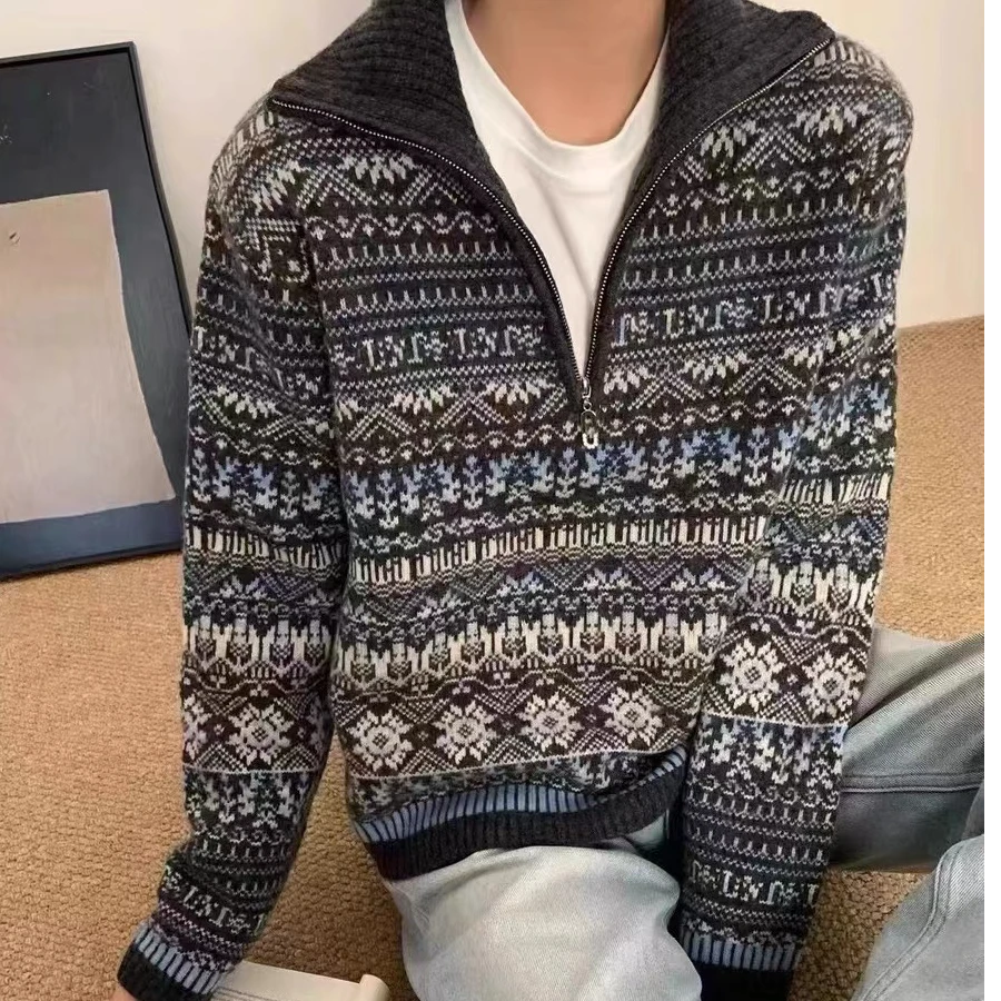 H04 羊毛费尔岛秋冬高领毛衣针织半拉链套头女士厚款宽松内搭上衣