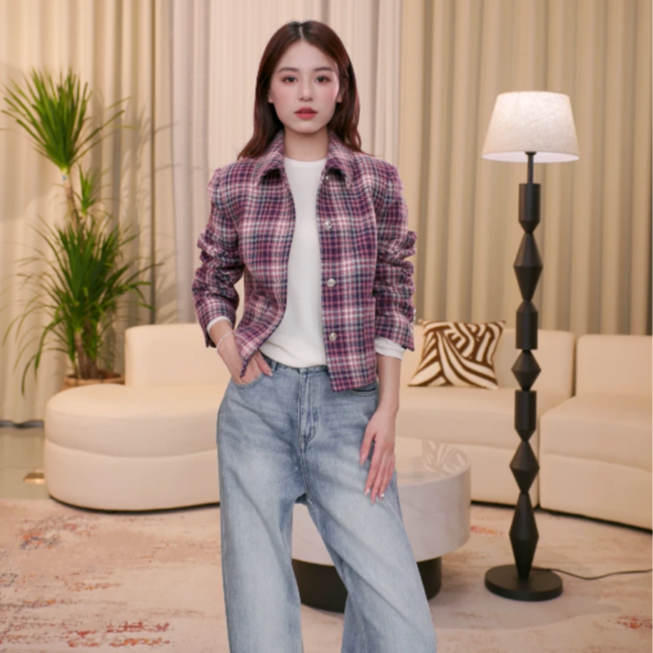 玉兰悠悠秋冬新款“柔紫格序”正肩小外套百搭短款时尚女士格纹