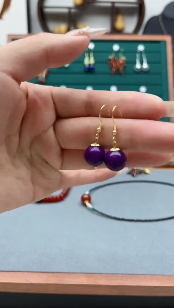 【闪购商品】玛瑙/玉髓耳饰银S925镀金镶嵌608紫单珠