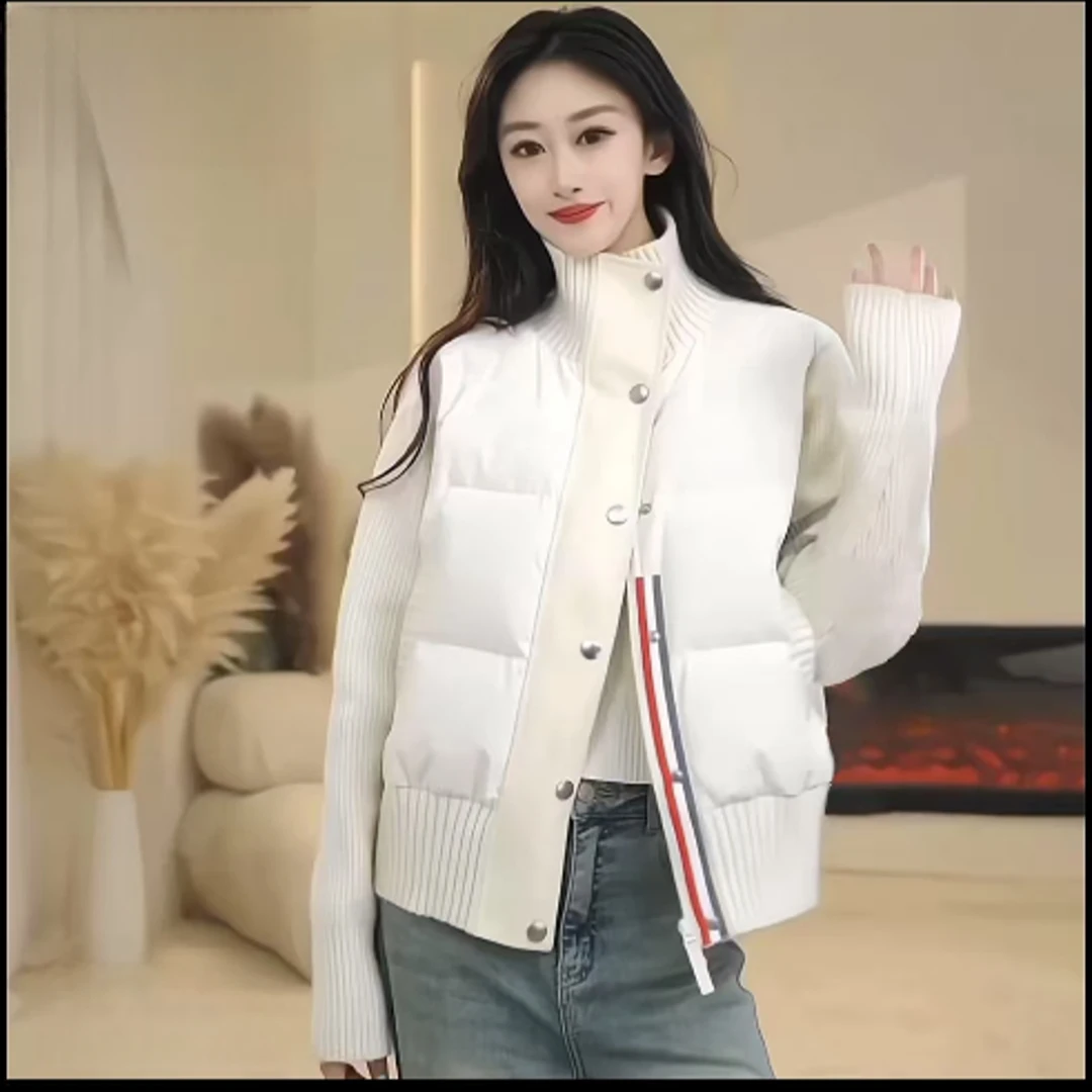 303白鸭绒羽绒服女短款冬季新款拼接针织保暖户外羽绒服