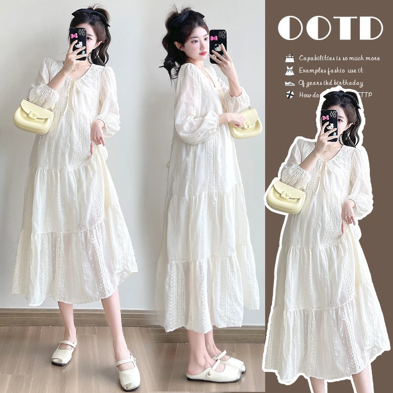 时髦孕妇装新款2025韩版简约时尚宽松版文艺中长款显瘦蕾丝连衣裙