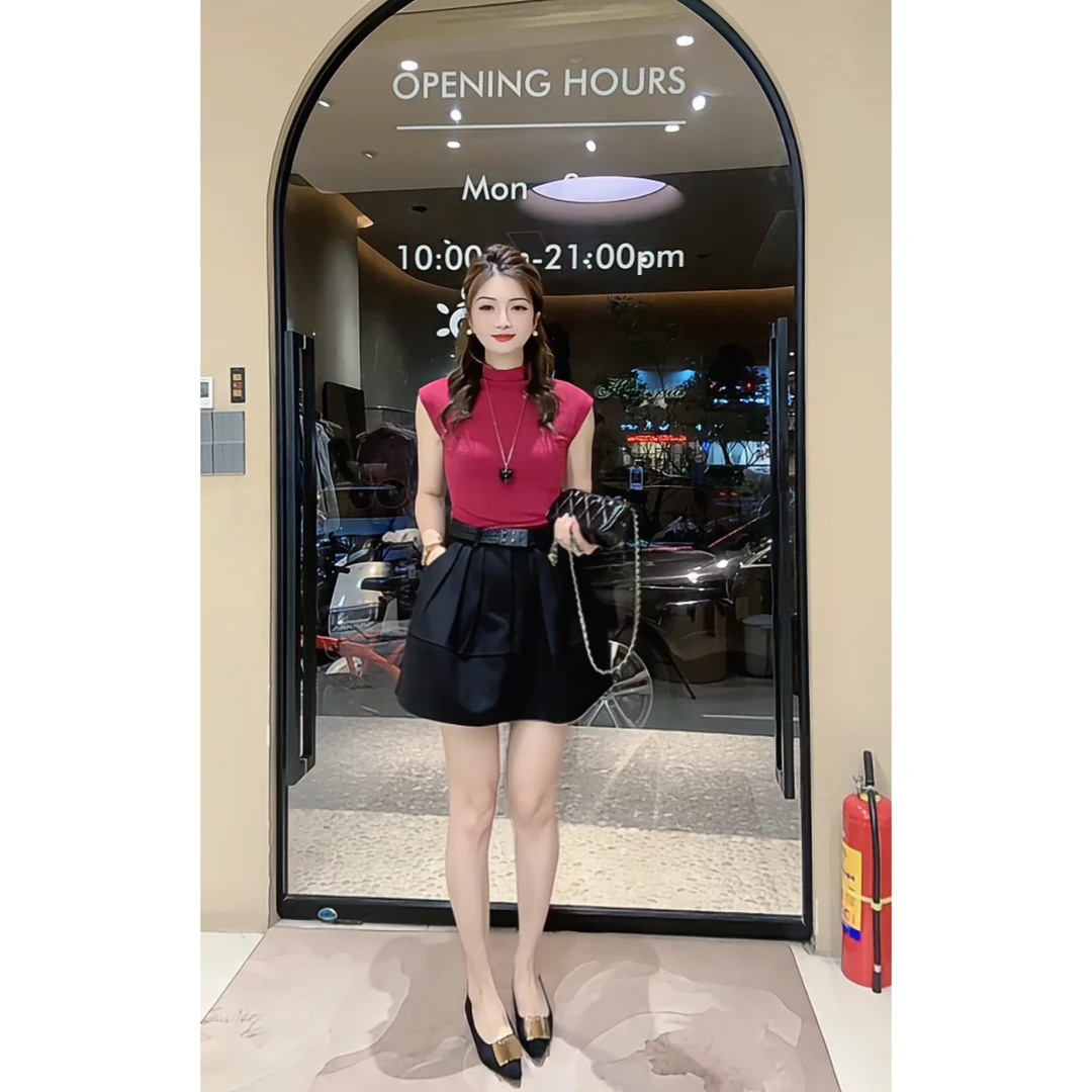 涵儿家 早秋简约半高领背心上衣 VS高腰压褶蓬蓬裙（带腰带）1093-1