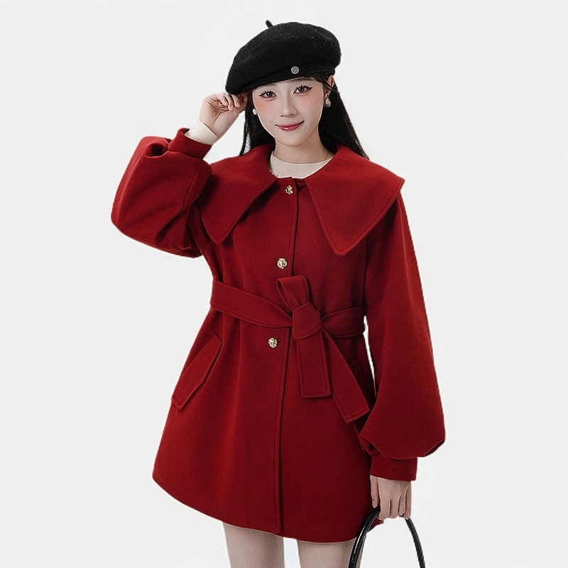 （小铃铛）TU22856韩系娃娃领毛呢外套女小个子中长款收腰呢子大衣