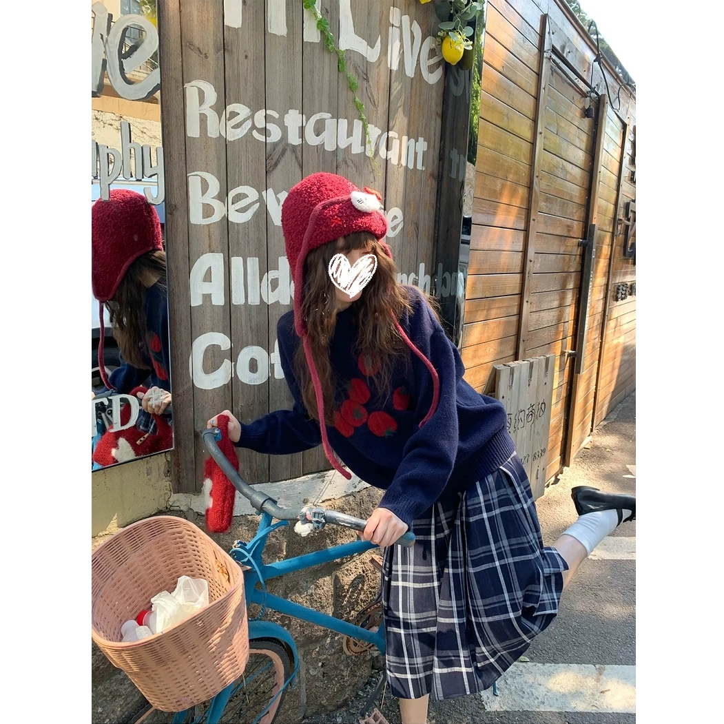 原创番茄提花圆领针织毛衣女秋季韩系宽松显瘦慵懒上衣#Y8534