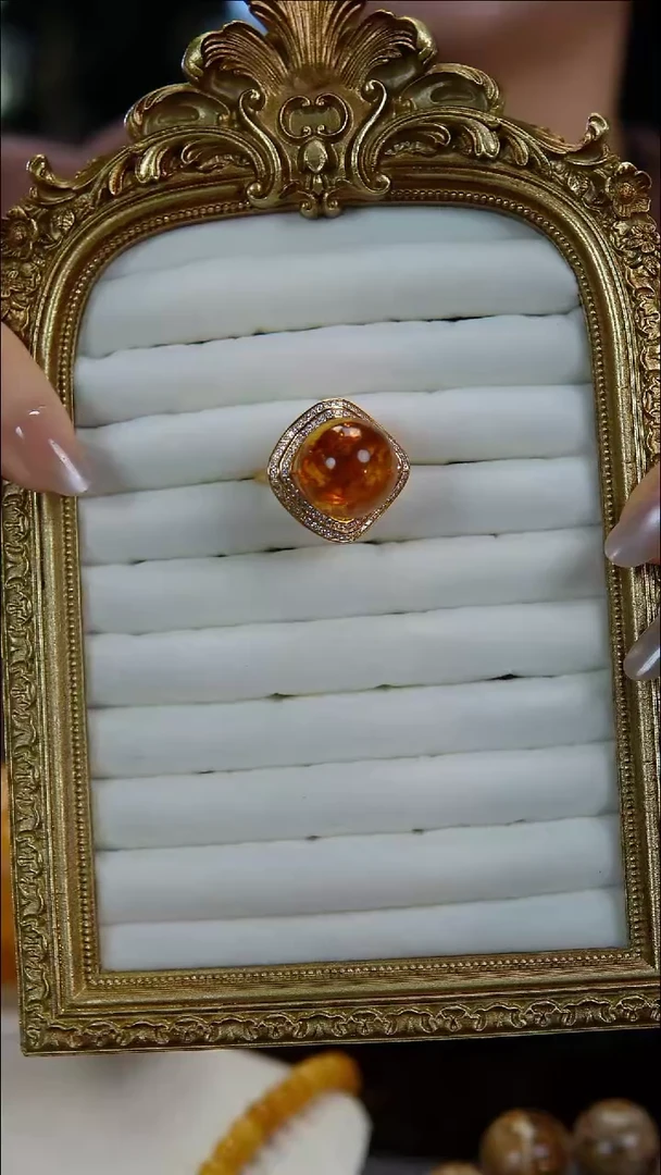 银S925镶嵌琥珀（花珀）戒指俄罗斯天然琥珀17+花珀戒指