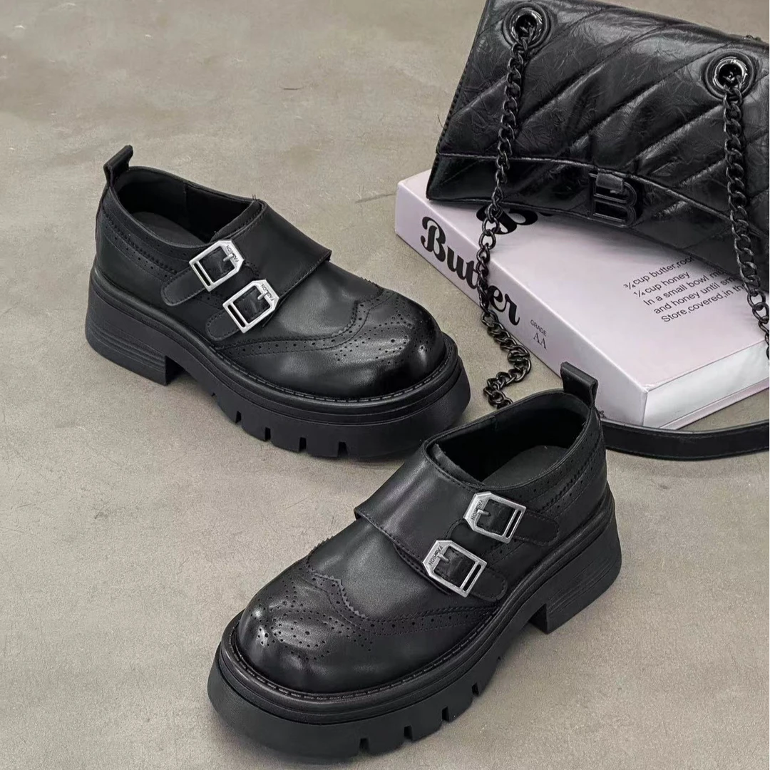 有意思思女鞋“巴洛克”时尚百搭女士黑色春季厚底英伦风圆头