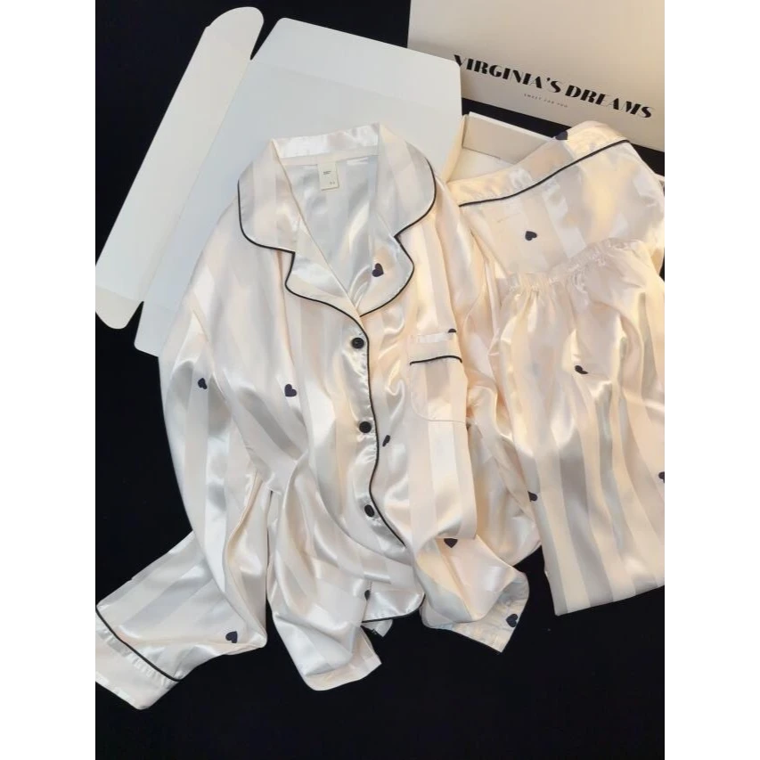 条纹爱心印花千金高级感冰丝睡衣女春夏季2025年家居服套装可外穿