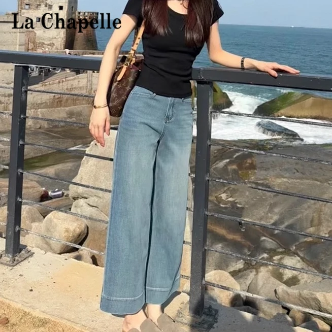 拉夏贝尔直筒牛仔裤女秋装新款复古宽松直筒显瘦小个子九分法棍裤