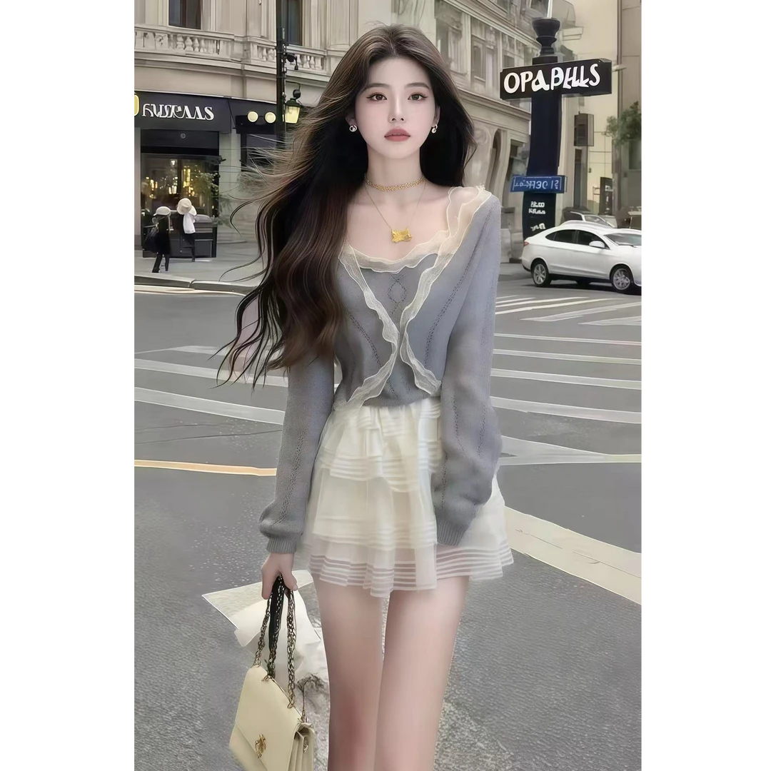 灰色蕾丝上衣拼接气质小众设计感修身半身裙甜美小清新个性套装