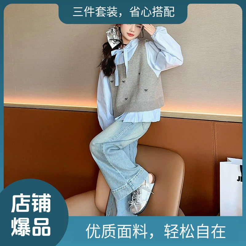 女童2025春秋爆款蝴蝶结套装长袖衬衫刺绣蝴蝶结马甲牛仔裤三件套