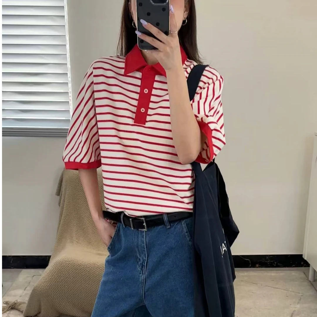 【逸语服饰】2025夏装miu系宽松条纹短袖Polo衫女复古蝙蝠袖上衣