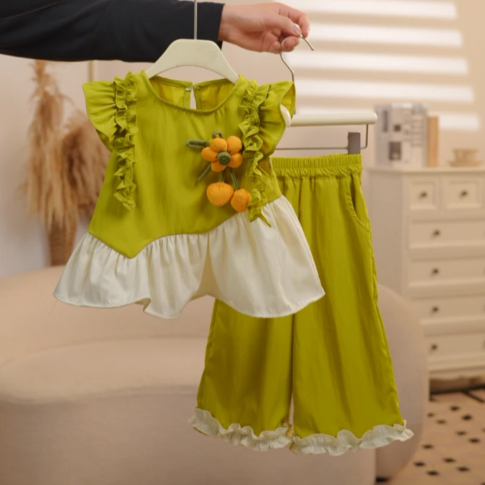 2025夏季新款儿童套装女童小飞袖背心+女宝棉质休闲阔腿裤两件套