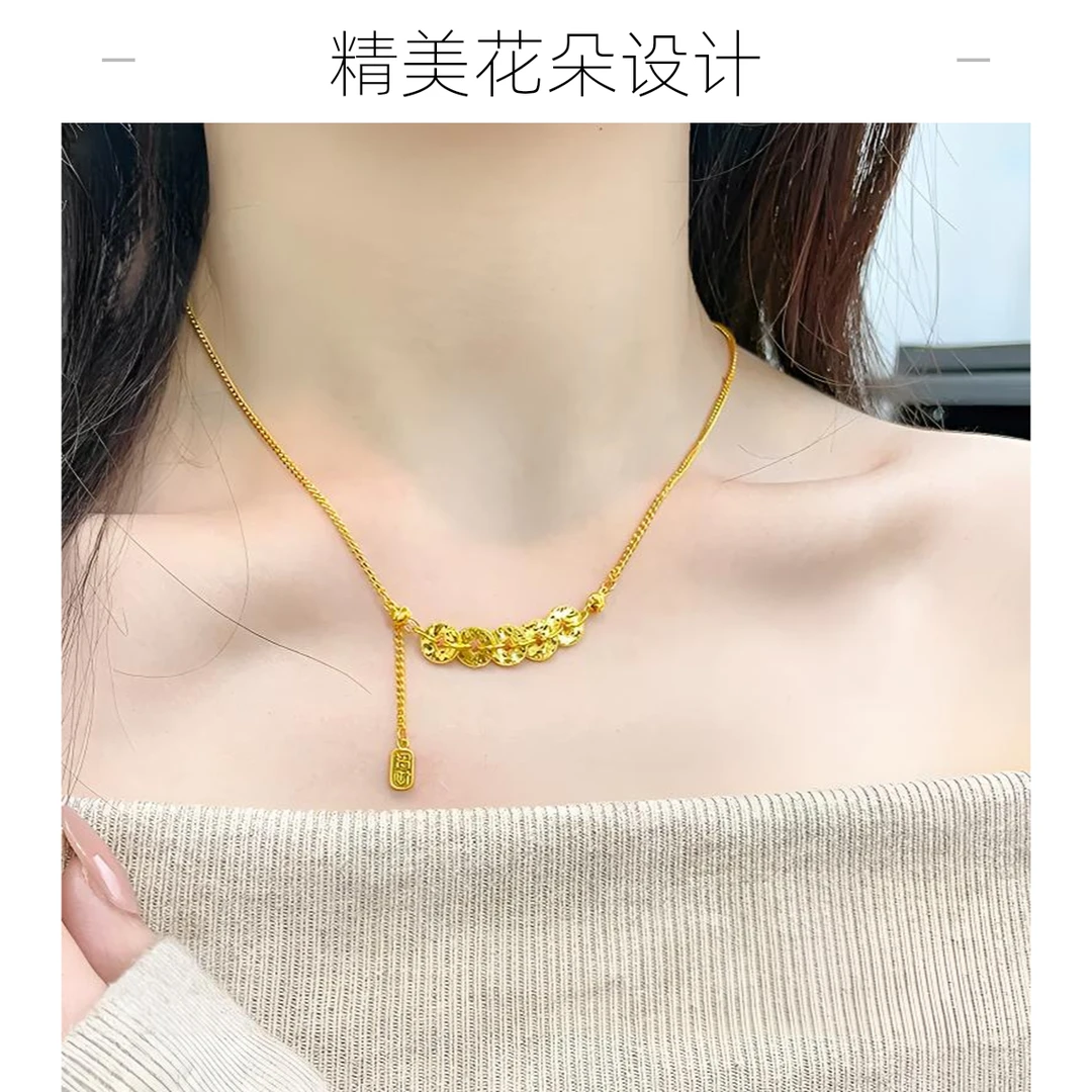 铜合金项链 新中式爆闪五帝钱碎碎冰项链女款精美气质百搭不掉色i