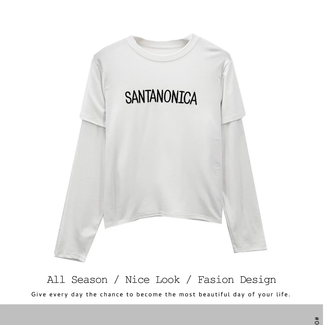 971 早秋设计感长袖印花上衣女黑色t恤盐系小众内搭打底上衣#8083