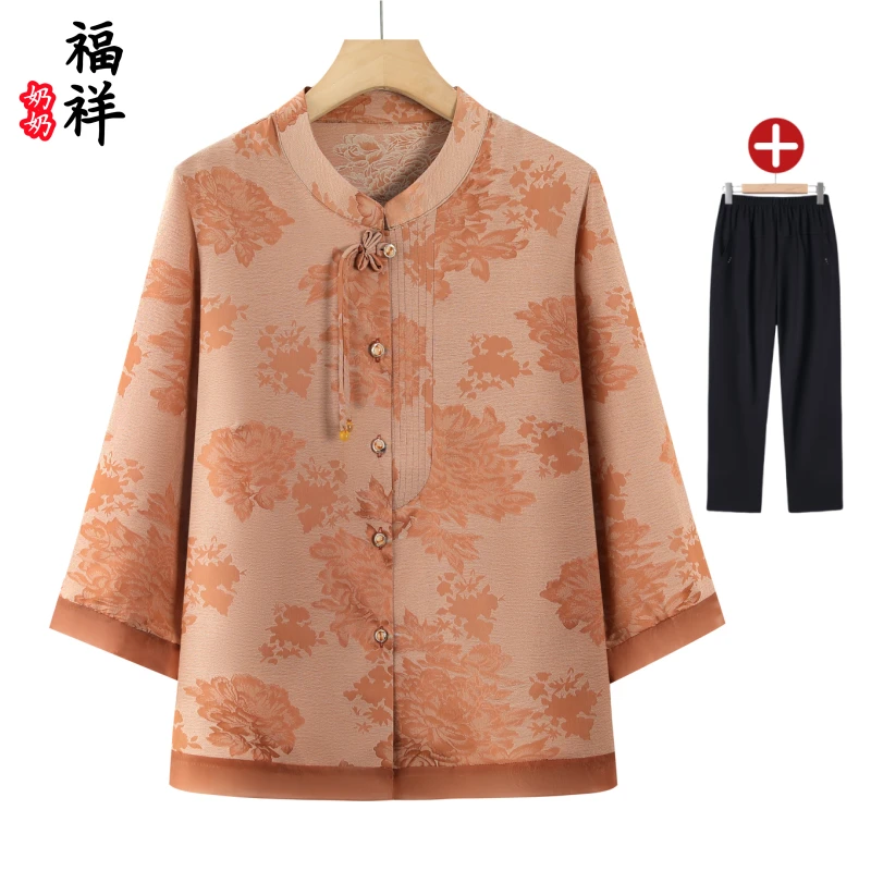 中老年人清凉夏装妈妈装七分袖衬衫老人奶奶装老太太妈妈夏季衣服