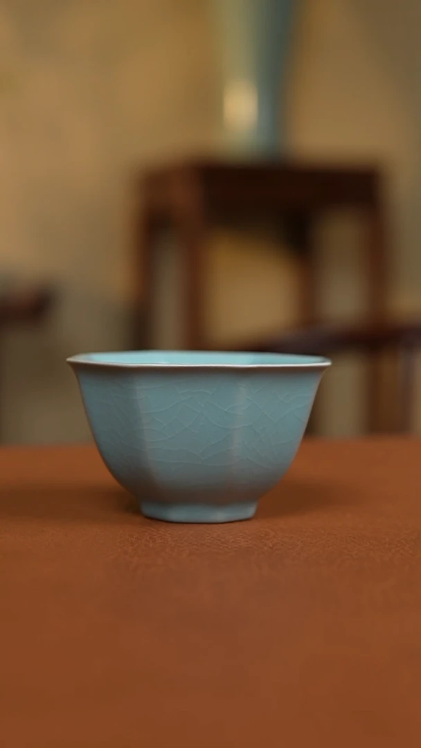 瓷片仿古天青精工八方杯