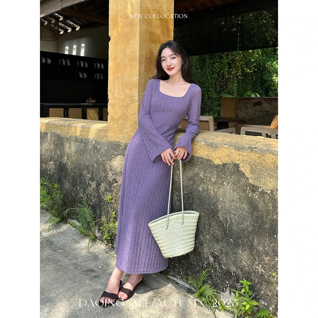 许大晴【拂月】温柔优雅方圆领长袖针织连衣裙 D8830