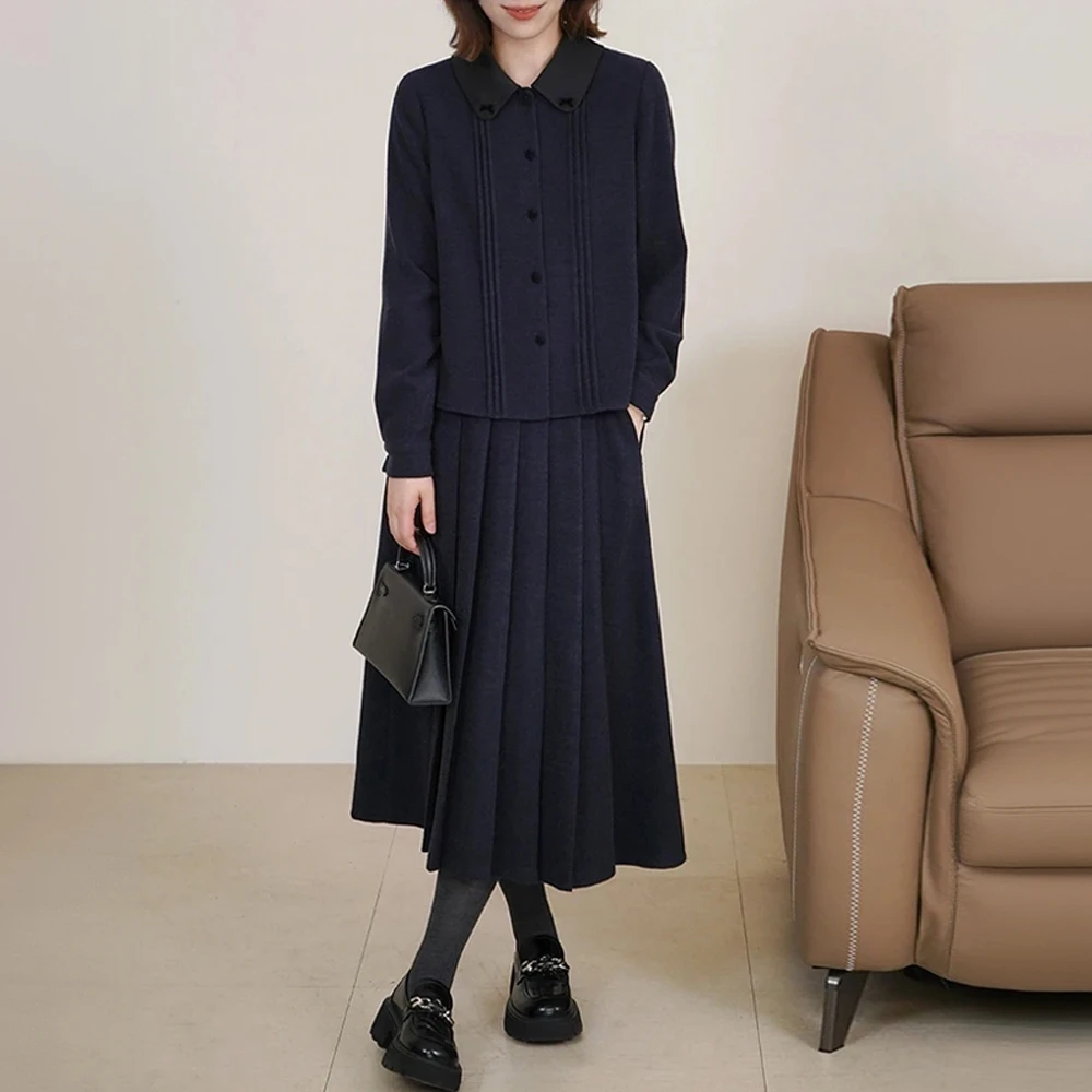 时尚减龄气质套装女2025冬季新款翻领长袖外套高腰半身裙两件套潮