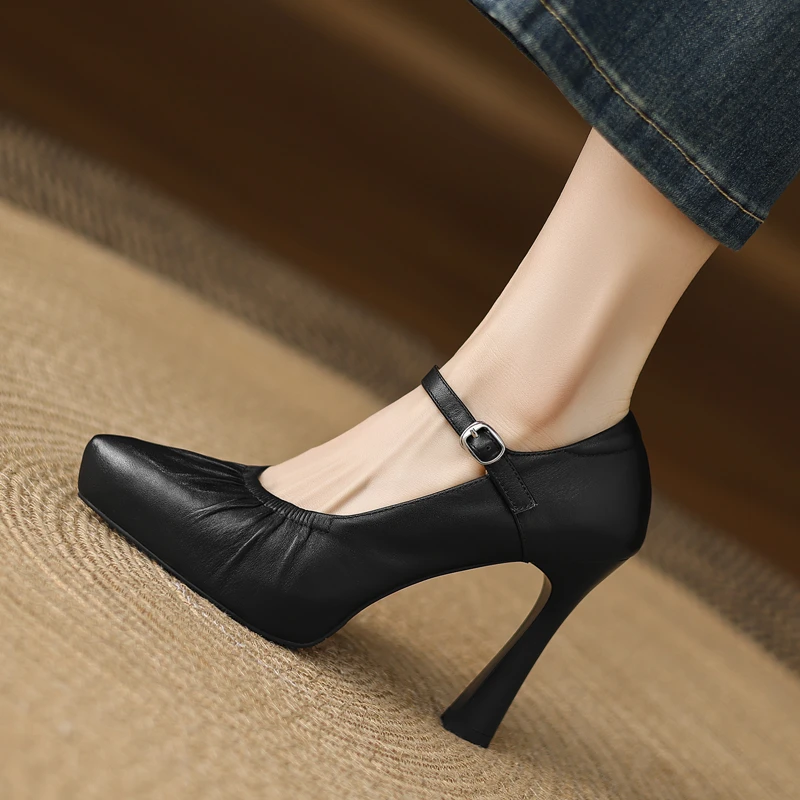 职业工作鞋女细跟黑色真皮单鞋不累脚尖头旗袍走秀高跟鞋红色婚鞋