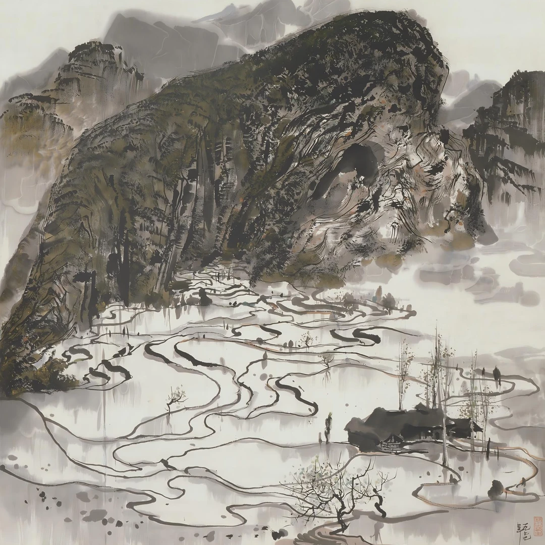 版画复刻版画吴冠中-山间水田