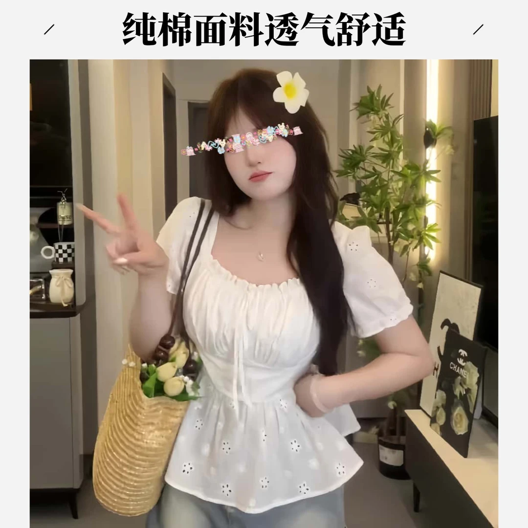 胖MM纯棉夏季法式温柔风气质修身显瘦泡泡袖时尚大码衬衫女小众潮