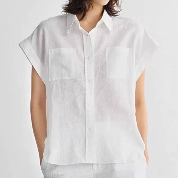 宝丫轻奢  T女式文艺简约翻领双口袋短袖衬衫上衣K2835
