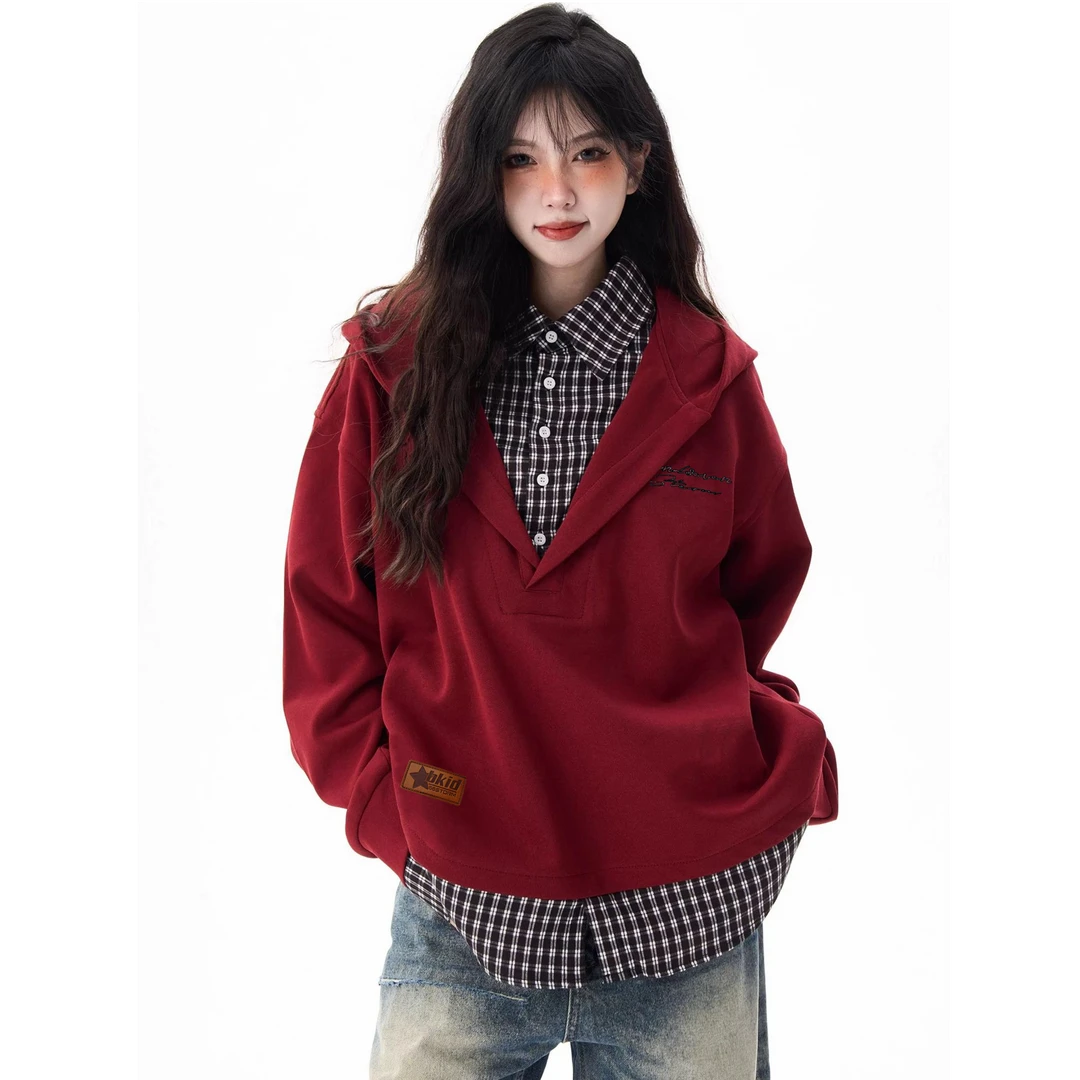 HandSeven美式复古格子假两件卫衣外套女秋季外套男女学院风上衣