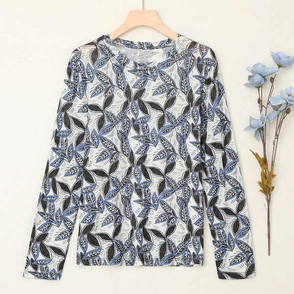 LANZIBES/蓝之蓓新款圆领长袖绵羊毛印花打底衫长袖上衣C10666