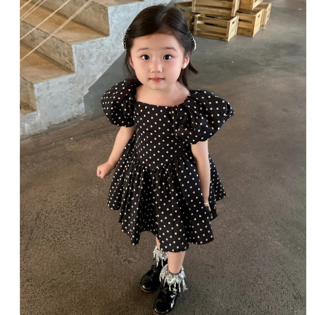 壹妈韩系童装女童裙子2025新款洋气度假风方领泡泡袖波点连衣裙