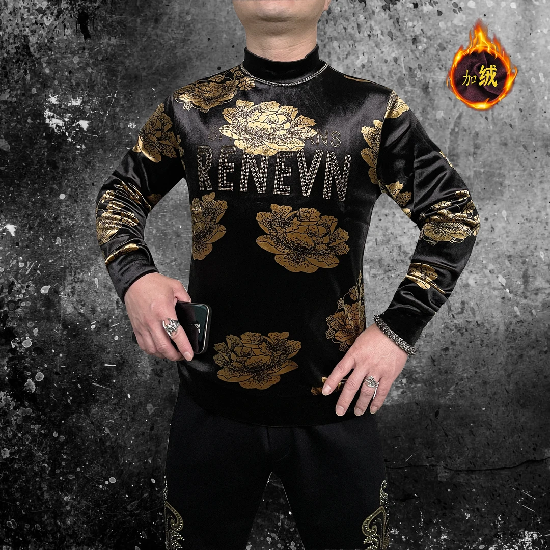 春季潮流时尚帅气丝绒个性百搭男士休闲修身圆领长袖卫衣 K66098