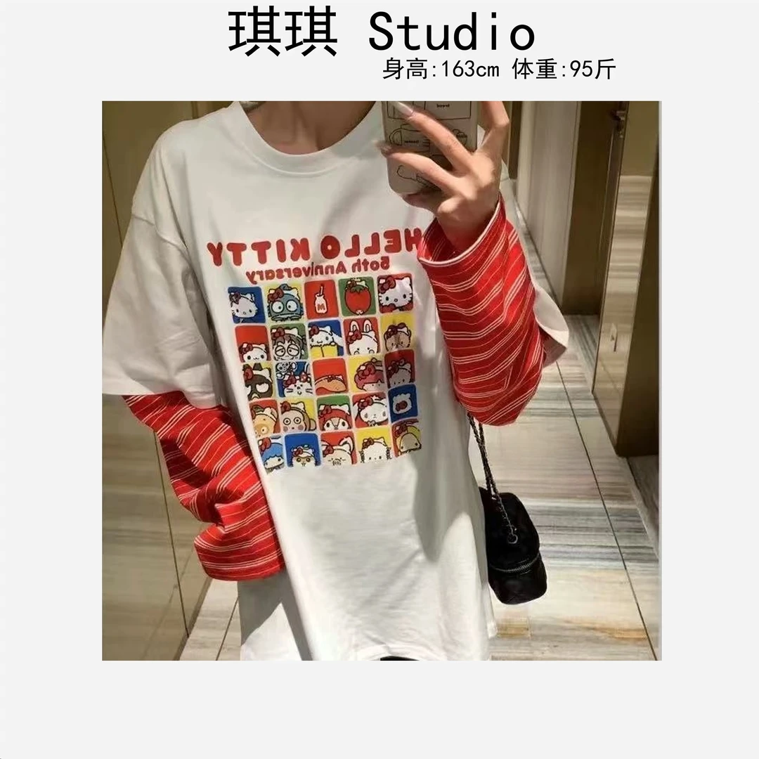 早春新款重工设计感魔术贴方块猫咪印花卡通拼接条纹袖上衣2299-G