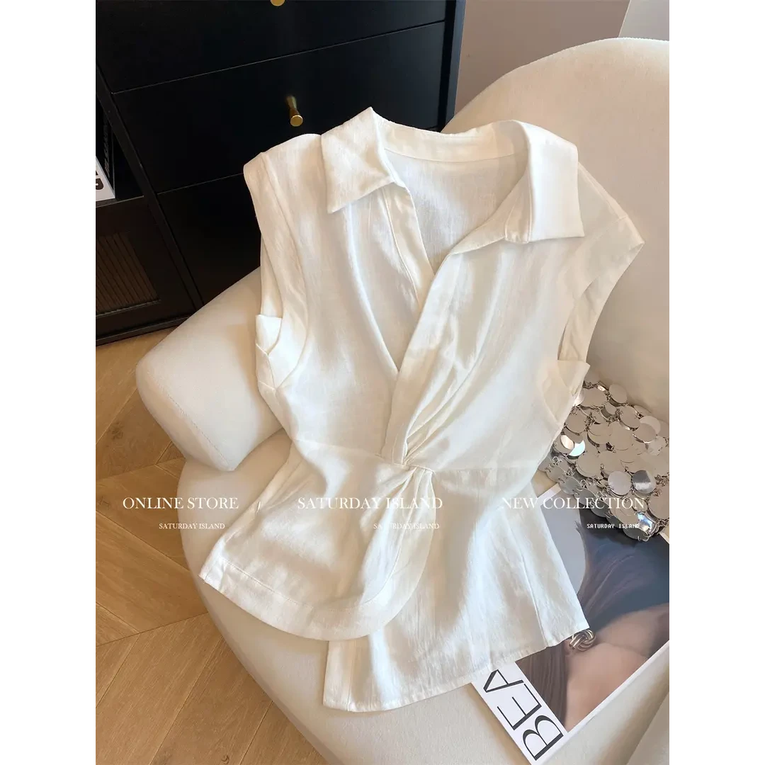 新款设计感交叉扭结翻领无袖衬衫女气质百搭绝美上衣