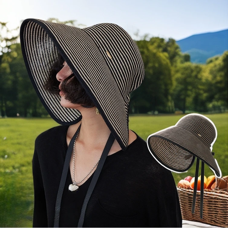 Lagur超大帽檐条纹环绕式防晒帽草帽女海边遮阳帽帽子百搭夏季